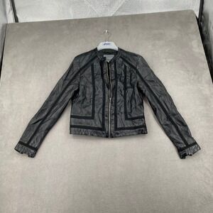 Kate & Mallory Womens Black Faux Leather Moto Jacket Collarless Size S H246
